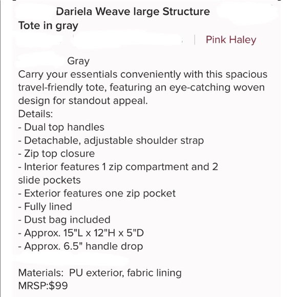 1 left! Boutique- Pink Haley Dariela Tote in Grey - Picture 5 of 5